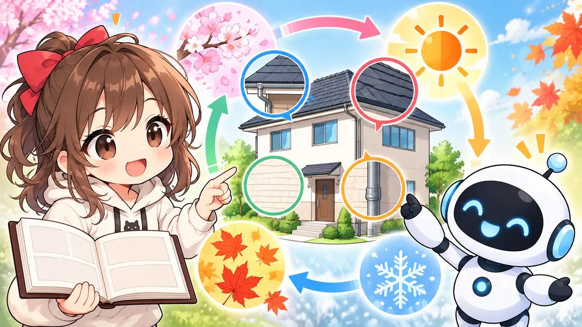 外壁 塗装 屋根についてワクちゃんとチャッピーが確認しているイラスト
