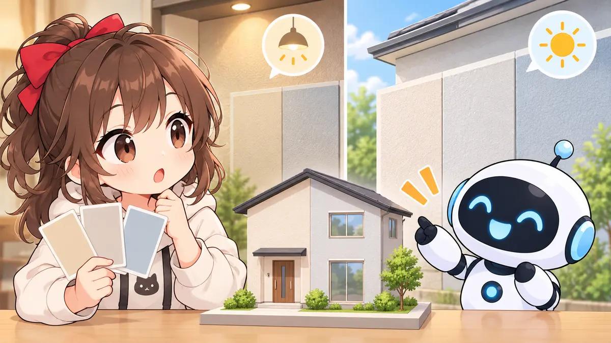 外壁 塗装 家についてワクちゃんとチャッピーが確認しているイラスト