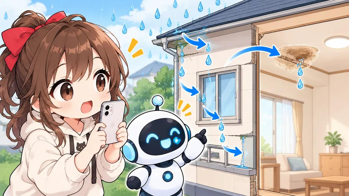 屋根 の 雨漏りについてワクちゃんとチャッピーが確認しているイラスト