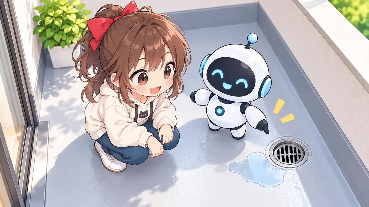ベランダ の 屋根 の 修理についてワクちゃんとチャッピーが確認しているイラスト