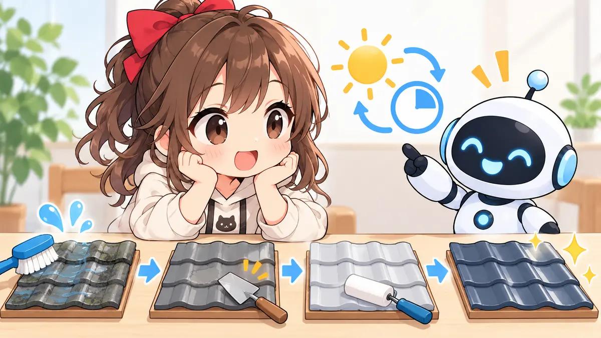 パミール 屋根 塗装についてワクちゃんとチャッピーが確認しているイラスト