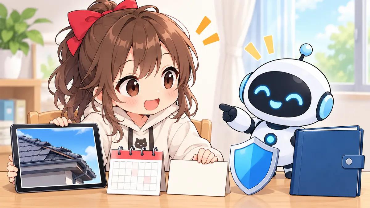 保険 で 屋根 修理についてワクちゃんとチャッピーが確認しているイラスト