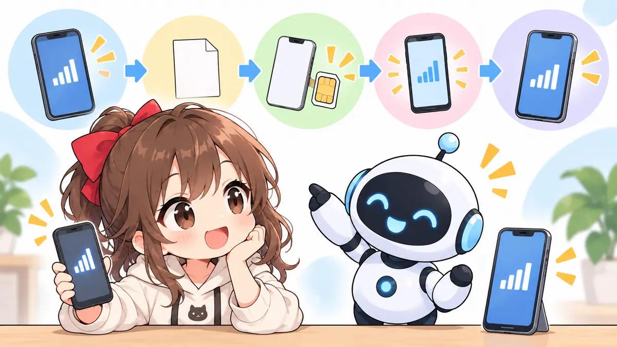 ソフトバンク から 楽天 モバイル に 乗り換えるについてワクちゃんとチャッピーが確認しているイラスト