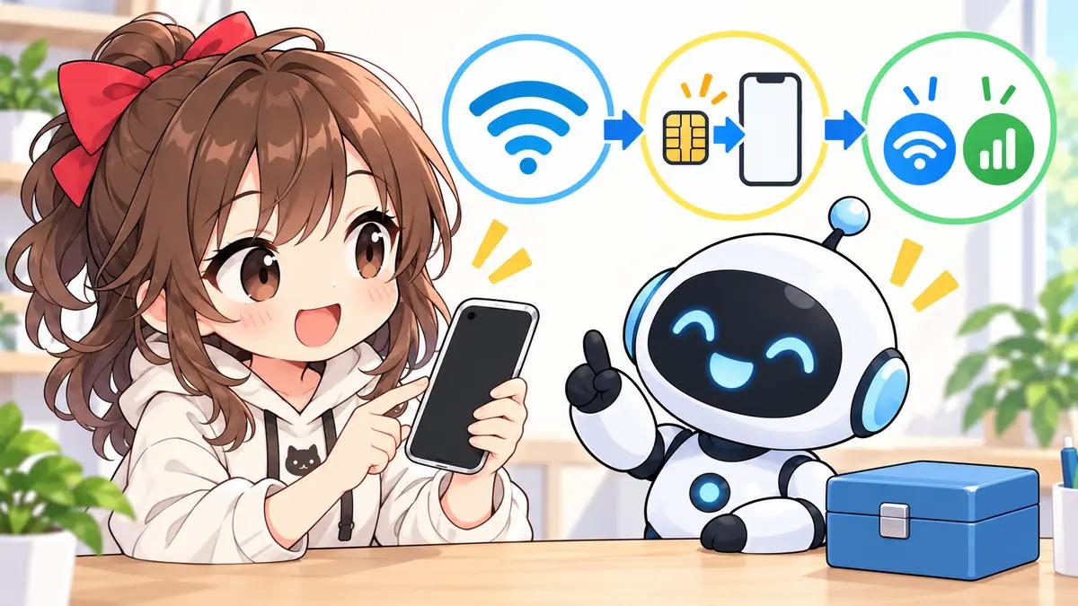 格安 sim おすすめ esimについてワクちゃんとチャッピーが確認しているイラスト