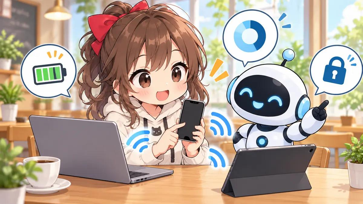 テザリング sim 比較についてワクちゃんとチャッピーが確認しているイラスト