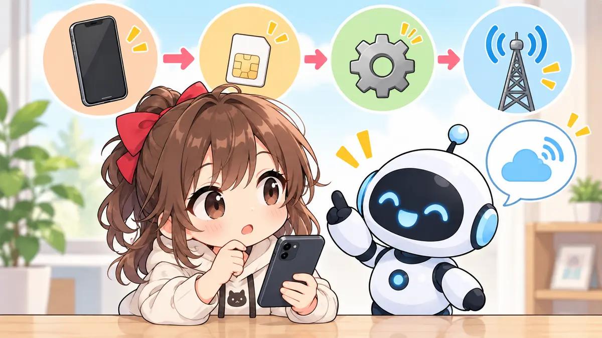 iijmio 開通 センターについてワクちゃんとチャッピーが確認しているイラスト
