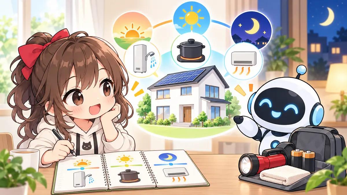 エアコン の 電気 代についてワクちゃんとチャッピーが確認しているイラスト