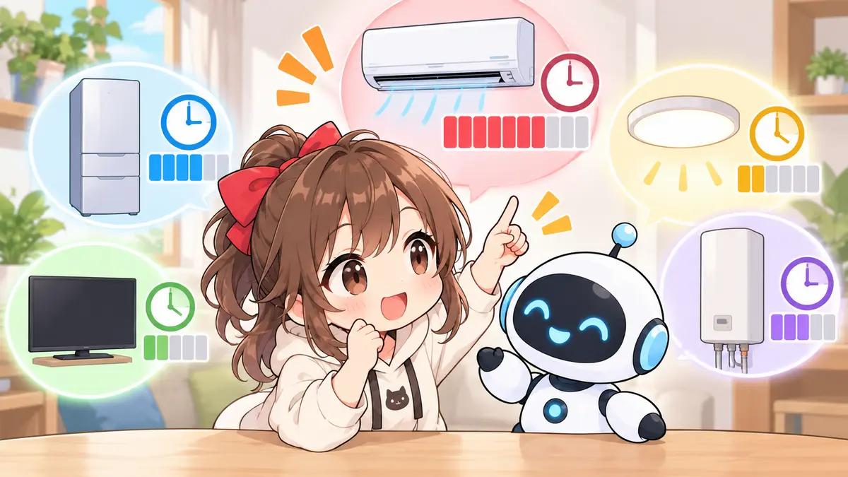 エアコン 節電 方法 夏についてワクちゃんとチャッピーが確認しているイラスト