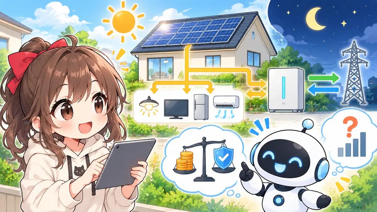 太陽 光 電力 会社 おすすめについてワクちゃんとチャッピーが確認しているイラスト