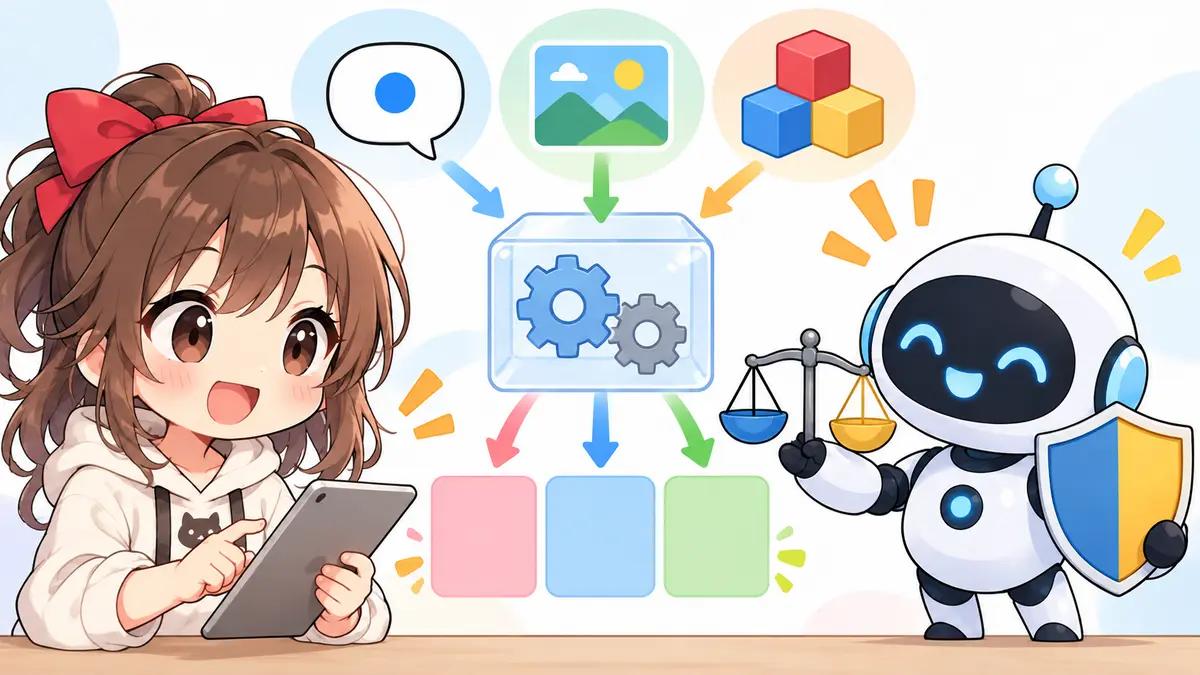 生成 aiについてワクちゃんとチャッピーが確認しているイラスト