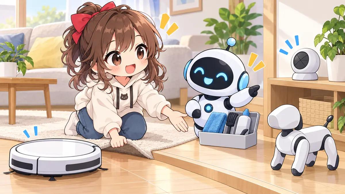 家庭 用 ロボット 最新についてワクちゃんとチャッピーが確認しているイラスト