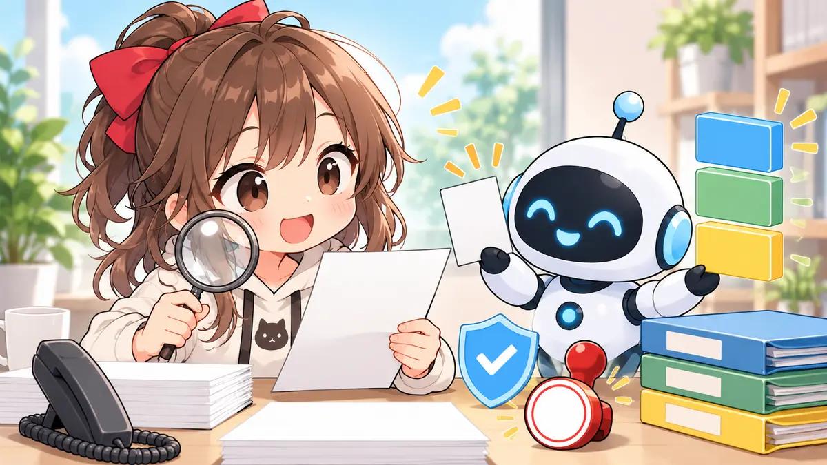 自動 議事 録 作成 アプリについてワクちゃんとチャッピーが確認しているイラスト